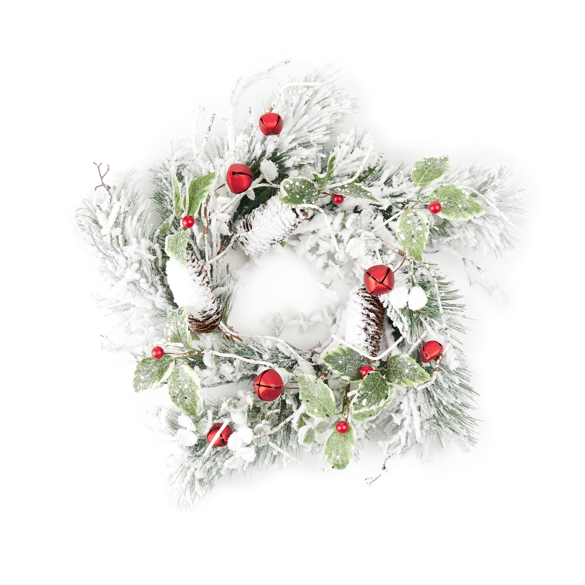 18" Flocked Pine, Holly Leaf & Sleigh Bell Candle Ring